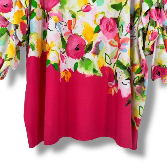 Slim Factor Investments Ruched Ruffle Sleeve Shirt Plus Size 1X Pink Green - Picture 3 of 7